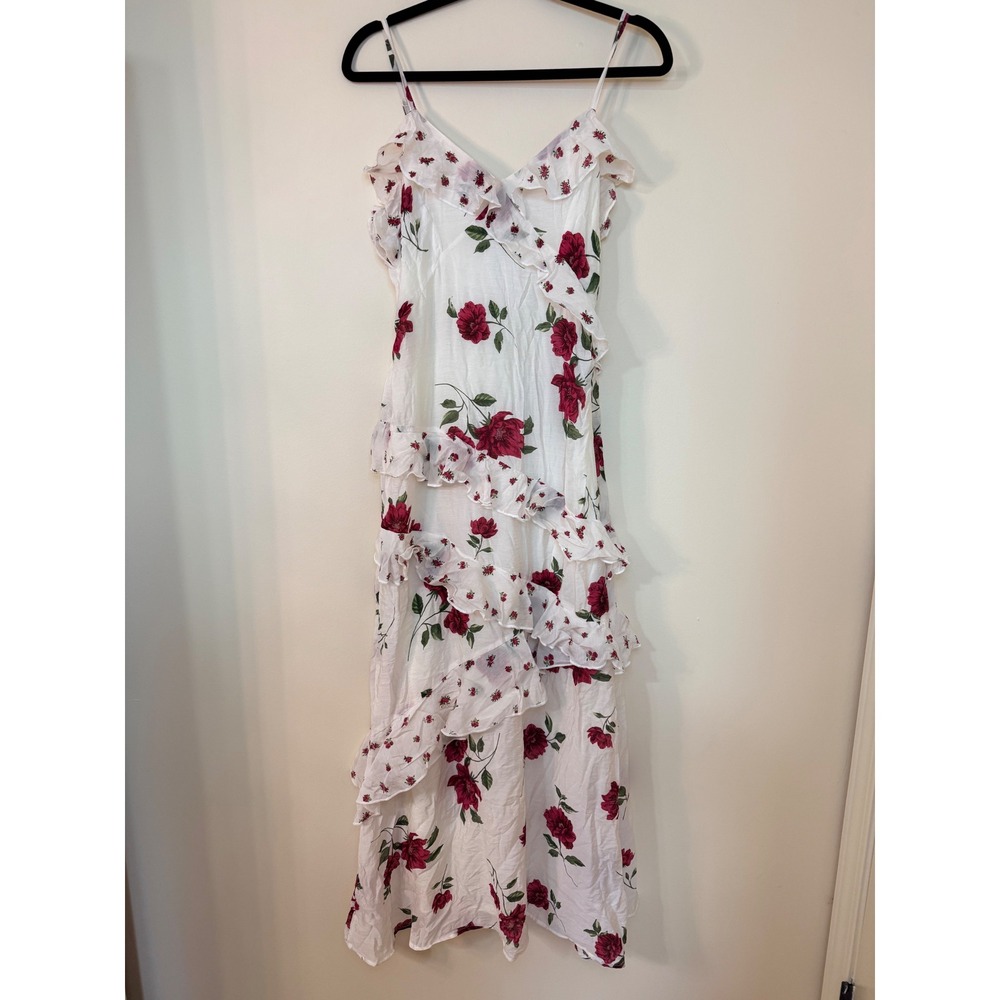 Jessica Simpson White Red Rose Floral Tiered Ruffle Maxi Dress Womens Medium